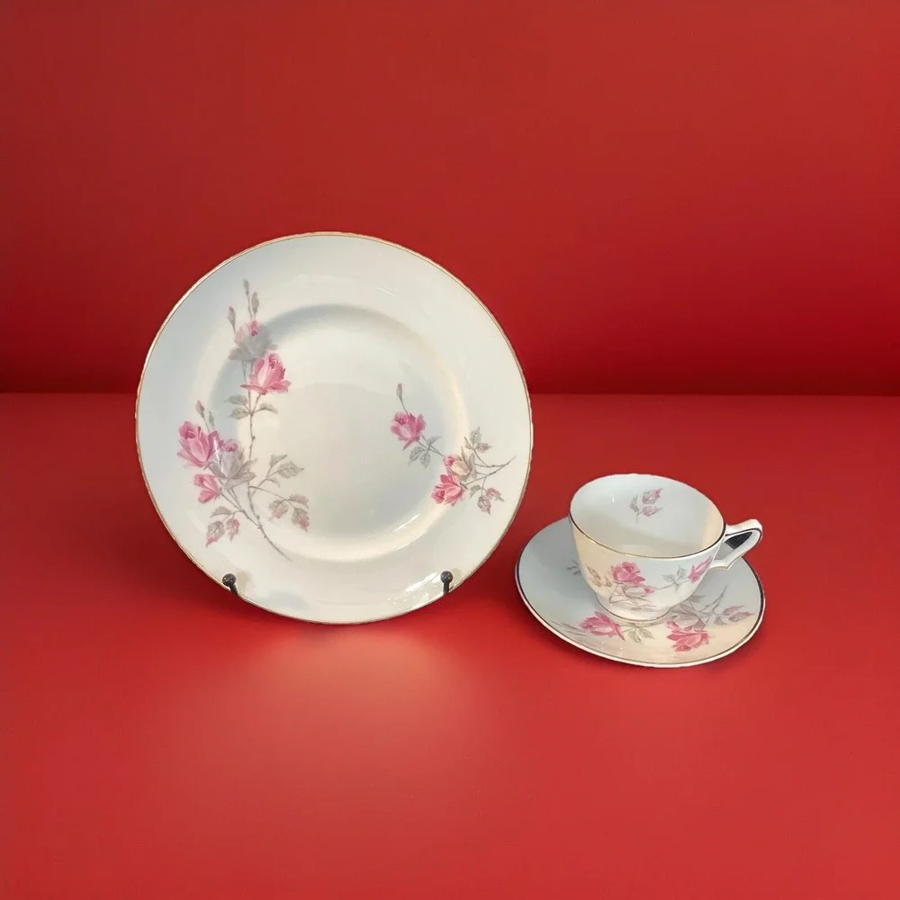 Vintage‎ Crown Staffordshire England Cup, Saucer and Dessert Plate Cabbage Rose